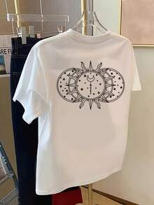 Camiseta con Estampado de Sol y Luna, Manga Corta, Cuello Redondo, Estilo Casual para Primavera y Verano, Ropa de Mujer, Camiseta Y2k - Blanco - Ver 2
