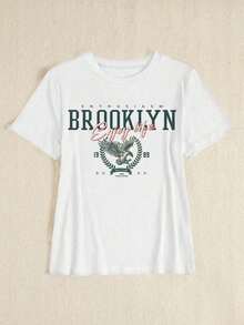 Camiseta de manga corta casual de corte ajustado para mujer , con estampado de letras, camiseta de verano a la moda, de algodón puro. - Blanco - Ver 6