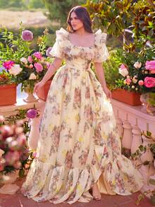 Faeriesty Đầm dạ hội cỡ lớn tay bồng xếp ly họa tiết hoa bằng vải lưới - Màu be - Xem 3