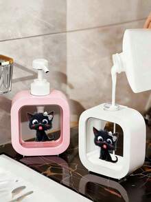 1pc Cute Black Cat And Floral Pattern Soap Dispenser Bottle - Reusable Press-Type Dispenser Bottle, Suitable For Hand Soap, Body Wash, Etc., Compact For Kitchen And Bathroom, Perfect Housewarming Gift Or Spring Decor For Cat Lovers, Made Of Plastic, Fun Design, Easy To Use With Press Mechanism - Multicolor - View 2