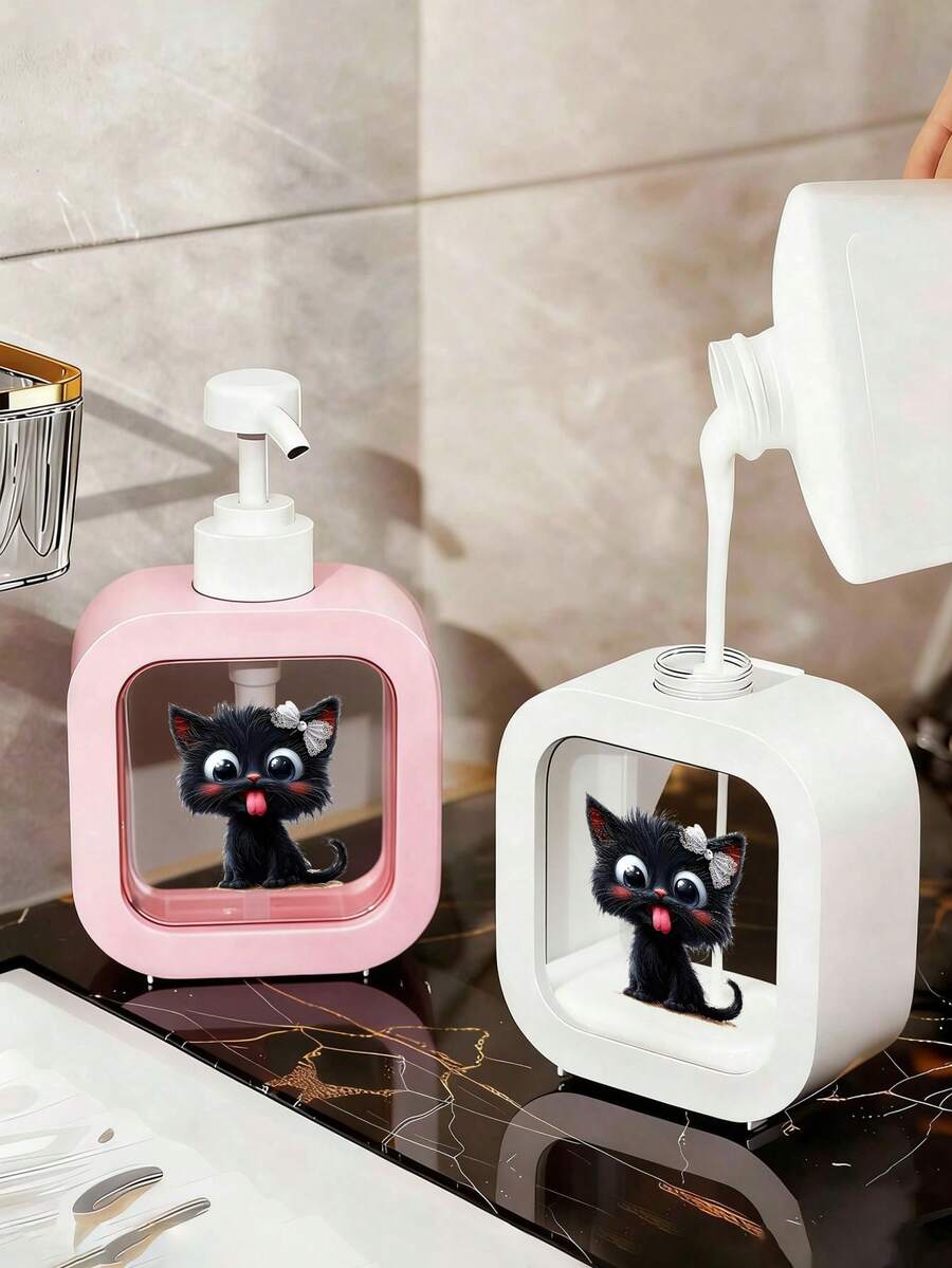 1pc Cute Black Cat And Floral Pattern Soap Dispenser Bottle - Reusable Press-Type Dispenser Bottle, Suitable For Hand Soap, Body Wash, Etc., Compact For Kitchen And Bathroom, Perfect Housewarming Gift Or Spring Decor For Cat Lovers, Made Of Plastic, Fun Design, Easy To Use With Press Mechanism