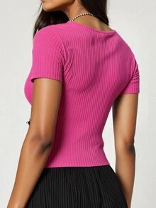 Camiseta de Punto para Mujer - Blusa de Cuello Amplio, Tejido Tricotado Suave y Transpirable, Básica Negra Versátil para Ocasiones Casual y de Trabajo - Ajuste Amigable para Todos los Tipos de Cuerpo - Rosa Fucsia - Ver 2