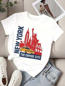 Camiseta de Cuello Redondo para Mujer con Estampado del Skyline de Nueva York, Estatua de la Libertad, Taxi y Manzana, Manga Corta, Estilo Casual de Verano - Blanco - Ver 2