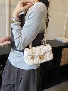 Classic Solid Color Waterproof Fabric Cartoon Pattern Rhombus Patchwork Design Chain Square Bag, Twist Lock Closure, Burgundy Suitable For Travel, Shopping, Work Commute And Party - Beige - View 3