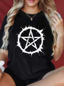 Camiseta de mujer moderna, informal, para fiestas y para estar en casa, 100% algodón, corte holgado. . CamisetaPentagramaConSímboloDeEstrellaBlancaDiseñoGráficoMujerCorteCasualSueltoTopDeModaCamisetaDeEstiloConDecirAdecuadaParaReunionesFamiliaresFiestasDeNavidadActividadesDeportivasFiestasDeVacacionesSalidasDeportivasYOtrosRegalosDeVacaciones(). Camiseta Unisex de Estilo Vintage Urbano, Holgada, de Algodón, Manga Corta y Cuello Redondo - Negro - Ver 1