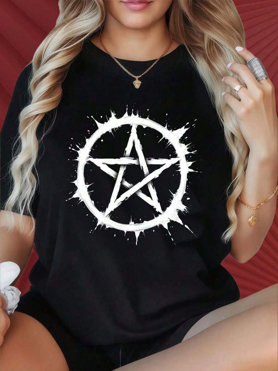 Camiseta de mujer moderna, informal, para fiestas y para estar en casa, 100% algodón, corte holgado. . CamisetaPentagramaConSímboloDeEstrellaBlancaDiseñoGráficoMujerCorteCasualSueltoTopDeModaCamisetaDeEstiloConDecirAdecuadaParaReunionesFamiliaresFiestasDeNavidadActividadesDeportivasFiestasDeVacacionesSalidasDeportivasYOtrosRegalosDeVacaciones(). Camiseta Unisex de Estilo Vintage Urbano, Holgada, de Algodón, Manga Corta y Cuello Redondo - Negro - Ver 1
