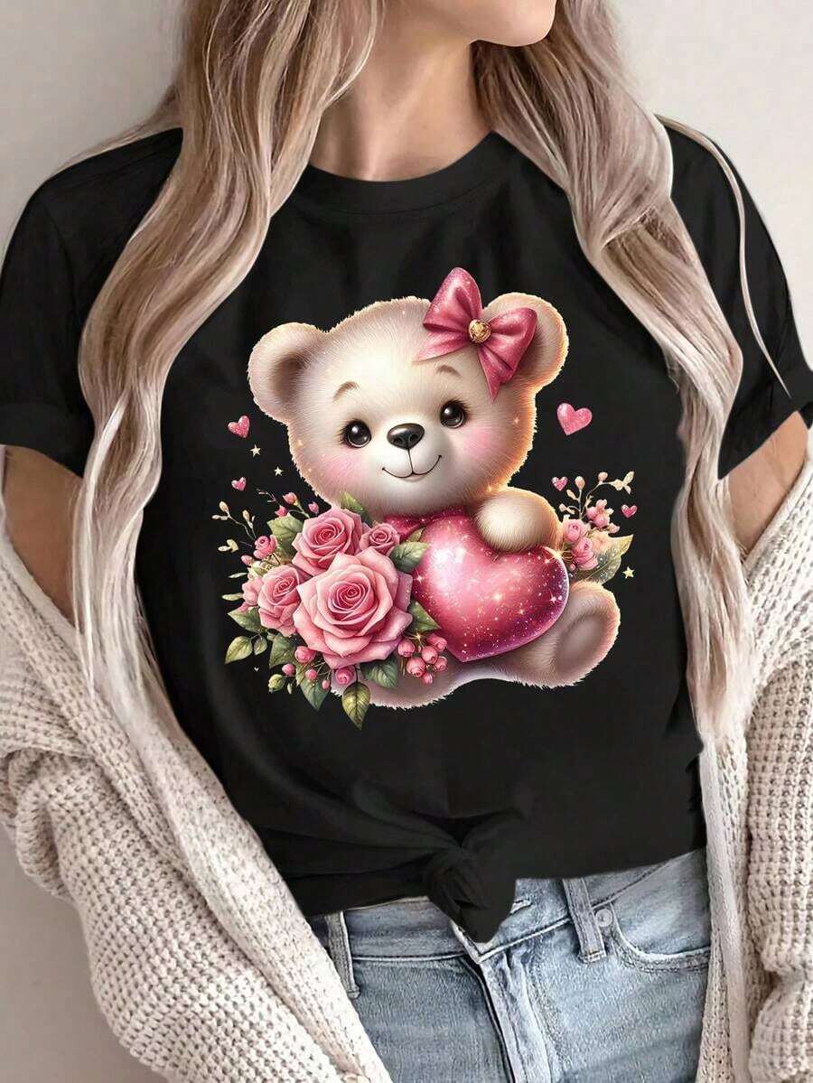 Women's T-Shirt - Pink Heart, Bear, And Rose Print T-Shirt - Soft, Breathable, Casual Short-Sleeve T-Shirt With Lace Detail, Perfect For Spring And Summer, Casual Wear | Fun Design | Comfortable And Casual Fit - 黑色 - 查看 1
