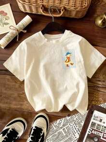 Camiseta de verano con cuello redondo, corte regular y mangas cortas con estampado de pato de dibujos animados para mujer. - Albaricoque - Ver 2