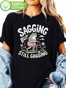 A Green Frog In A Pink Bikini, A Comically Droopy Frog But Still With A Tight Chest, Wearing A Printed T-Shirt, Short-Sleeved And Round Neck, Casual, Suitable For Summer And Spring, Women's Clothing, Comfortable Cotton T-Shirt. - 黑色 - 查看 6