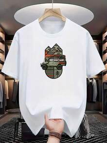 Camiseta Vintage para Hombre con Estampado de Aventura Todoterreno - Camiseta casual de manga corta de algodón puro con estampados de vehículos todoterreno y fogatas, ligera, ideal para viajes de verano al aire libre, adecuada para viajes por carretera y campamentos, lavable a máquina con un ajuste cómodo, diseño geométrico vintage combinado con vehículos todoterreno y tiendas de campaña, camiseta de cuello redondo de corte regular para hombre. - Blanco - Ver 8