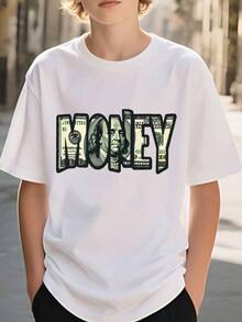 Classic Urban Style T-Shirt, Casual And Fashionable, With A Print Of A 100 Dollar Bill And The Inscription "100 Dollars", Designed As Casual Clothing For Children Aged 5 To 13 Years. - 白色的 - 查看 1