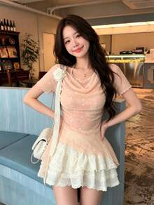 露肩渐变印花上衣，蝴蝶结不对称下摆，休闲、约会、度假装，女士春夏款 - 粉色 - 查看 8