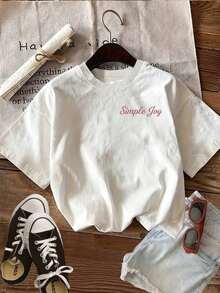 Women's Casual Spring/Summer T-Shirt With Double-Sided Print, Fresh Style With Pink Floral Print, Simple Happiness To Unleash Your Inner Sweetness, Fashionable Short-Sleeve Crew Neck T-Shirt, Perfect For The 4th Of July, World Cup Match Day, Soft And Lightweight, Easy To Match With Any Outfit. Women's 100% Cotton Graphic T-Shirt, Brokey Y2K Style, Crew Neck, Loose Fit. - 白色 - 查看 2