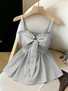 Nueva camiseta informal de primavera/verano para mujer, diseño de moda con tirantes de lazo, acento de lazo, a rayas azul y blanco, que ciñe la cintura, sexy y favorecedora, versátil para uso diario y citas - Negro - Ver 9