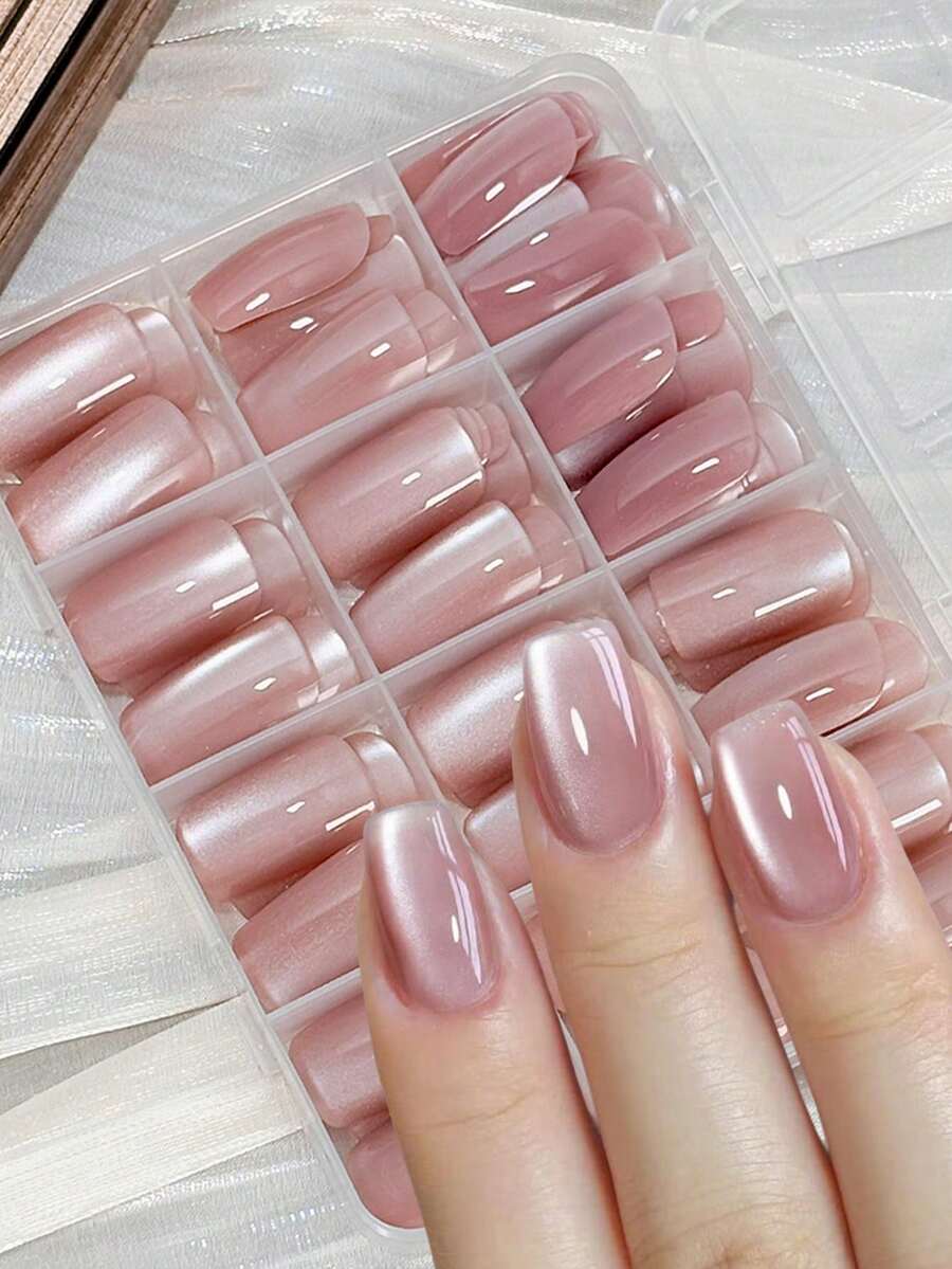 144 Stücke/Box mittlere quadratische Katzenaugen-Aufklebe-Nägel, schimmernd, natürlich nude-rosa Katzenaugen-Kunstnägel, sommerlich tragbare Nageltips für Frauen