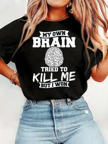 1 Women's Funny Graphic Tee - "My Own Brain Tried To Kill Me" Design, Black Polyester Casual Tee, Perfect For Easter, Birthdays, And Casual Wear, Machine Washable, Comfortable Fit For Women And Teens, Ideal Holiday Gift Tee. | Casual Style Tee | Soft Textured Y2K Style Tee - 黑色 - 查看 1