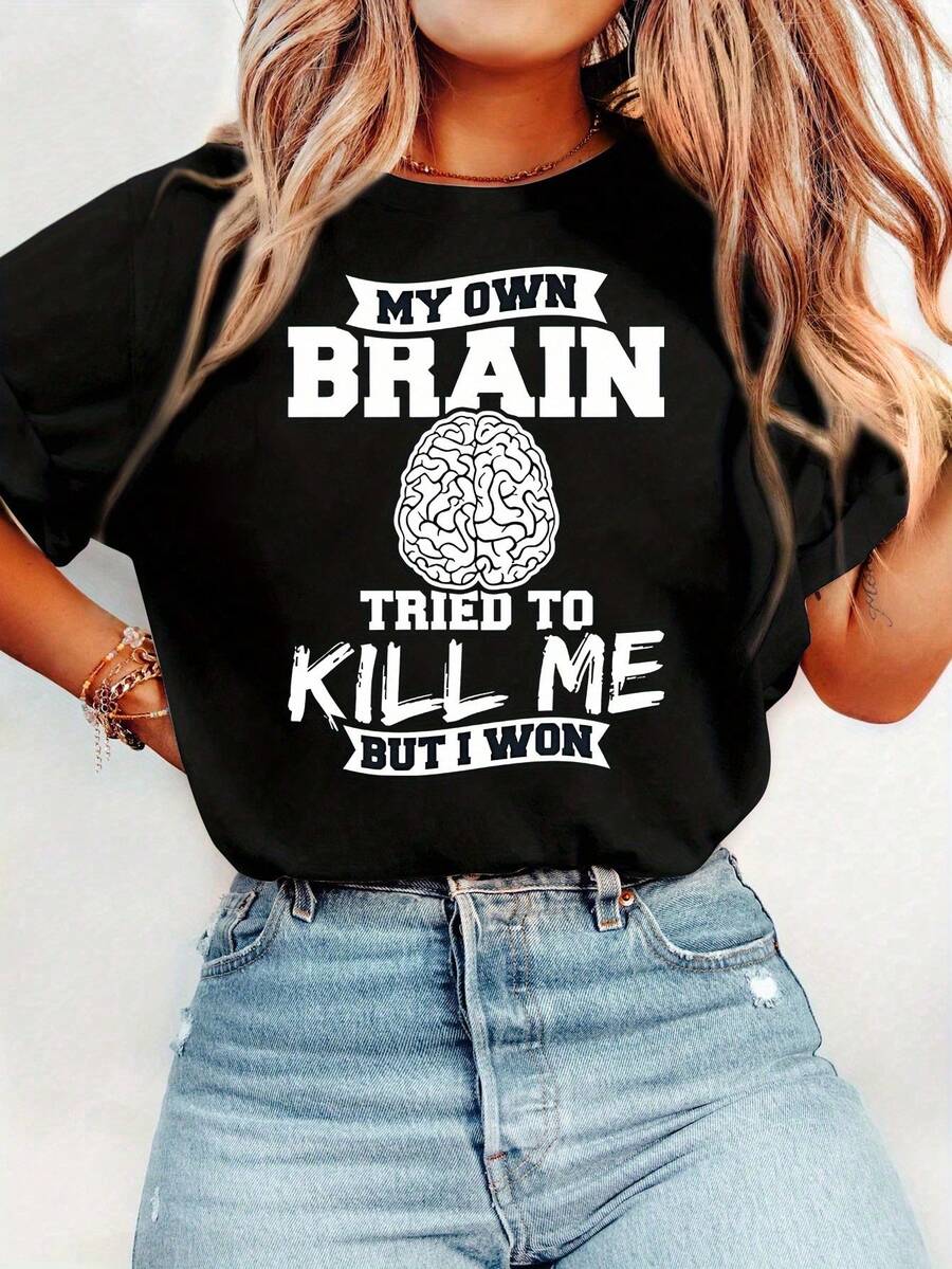 1 Women's Funny Graphic Tee - "My Own Brain Tried To Kill Me" Design, Black Polyester Casual Tee, Perfect For Easter, Birthdays, And Casual Wear, Machine Washable, Comfortable Fit For Women And Teens, Ideal Holiday Gift Tee. | Casual Style Tee | Soft Textured Y2K Style Tee - 黑色 - 查看 1
