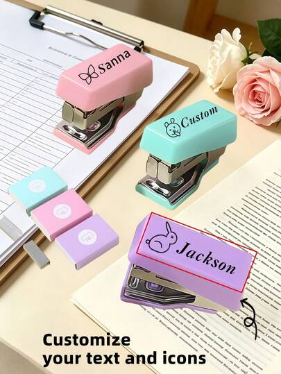 1 Set de grapadora personalizada en tonos pastel, 10#400 grapas/Organizador de útiles escolares y de oficina, adecuado para exámenes y oficina, para grapar exámenes y documentos, artículos de papelería, útiles escolares, regalo personalizado para la temporada de regreso a clases, Día del Maestro