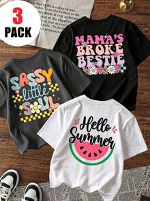 Conjunto de 1 piezas de camisetas de manga corta con cuello redondo y estampado floral para niñas, ropa de verano para estudiantes jóvenes. - Negro - Ver 8