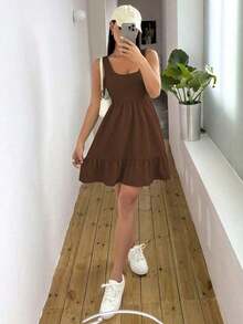 Vestido casual de mujer de unicolor con volantes en el bajo, para verano - Café integral - Ver 1