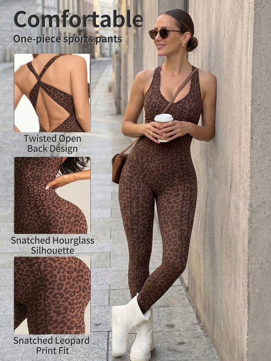 Bộ jumpsuit hở lưng họa tiết da báo phong cách Y2K, ôm sát cơ thể. Thích hợp cho các dịp lễ hội, ngày Valentine, mang đến vẻ ngoài gợi cảm cho phái nữ. Áo tắm một mảnh họa tiết da báo quyến rũ, trang phục thường ngày thoải mái cho phụ nữ. - Nâu sẫm - Xem 1