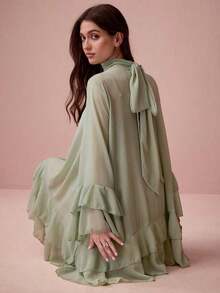 Vestido elegante de manga larga con cuello alto y diseño de capas en unicolor para mujer - verde menta - Ver 8