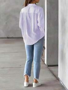 Nueva llegada Cárdigan superior con estampado floral y de rayas de otoño, camisa de manga larga de moda casual para mujer en primavera - Morado - Ver 2