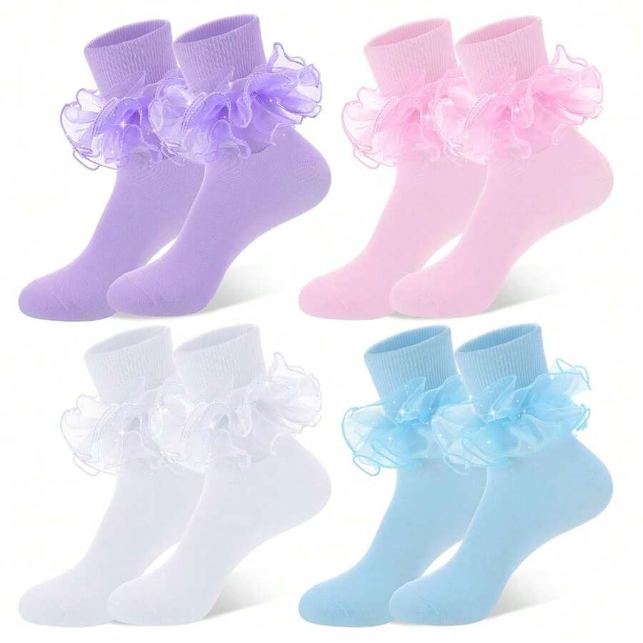 4 Pairs Women Big Ruffle Socks, Cute Classic Double Lace Frilly Cotton Dress Sock For Ladies - 白色 - 查看 1