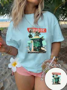 Camiseta de mujer manga corta 100% poliéster, cuello redondo, estampado tropical de cabaña hawaiana y tabla de surf, estilo casual, lavable a máquina, verano 2026, ideal para viajes y uso diario - azul claro - Ver 1