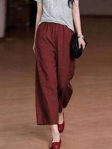 Pantalones anchos de lino con bolsillo y cintura elástica en estilo bohemio casual, para mujer, para verano y primavera - Rojo - Ver 4
