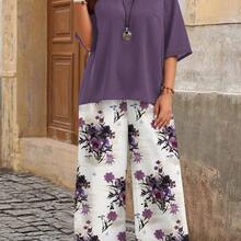 Plus Size Holiday Casual Solid Color Top And Paisley Print Pants 2 Pieces Set,Holiday Outfits Boho - Multicolor - Ver 8