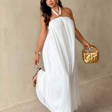 New Summer White Halter Loose A-Line Dress, Suitable For Beach, Party, Wedding, Valentine's Day, Cocktail, Sexy, Commute, Elegant Romantic, Birthday Party, Music Festival, White Dress With Metal Buckle/White Dress For Prom/Wedding Season/Valentine's Day/Party/Sexy/Commuting/Elegant And Romantic/Birthday Party/Music Festival/ - Blanco - Ver 1