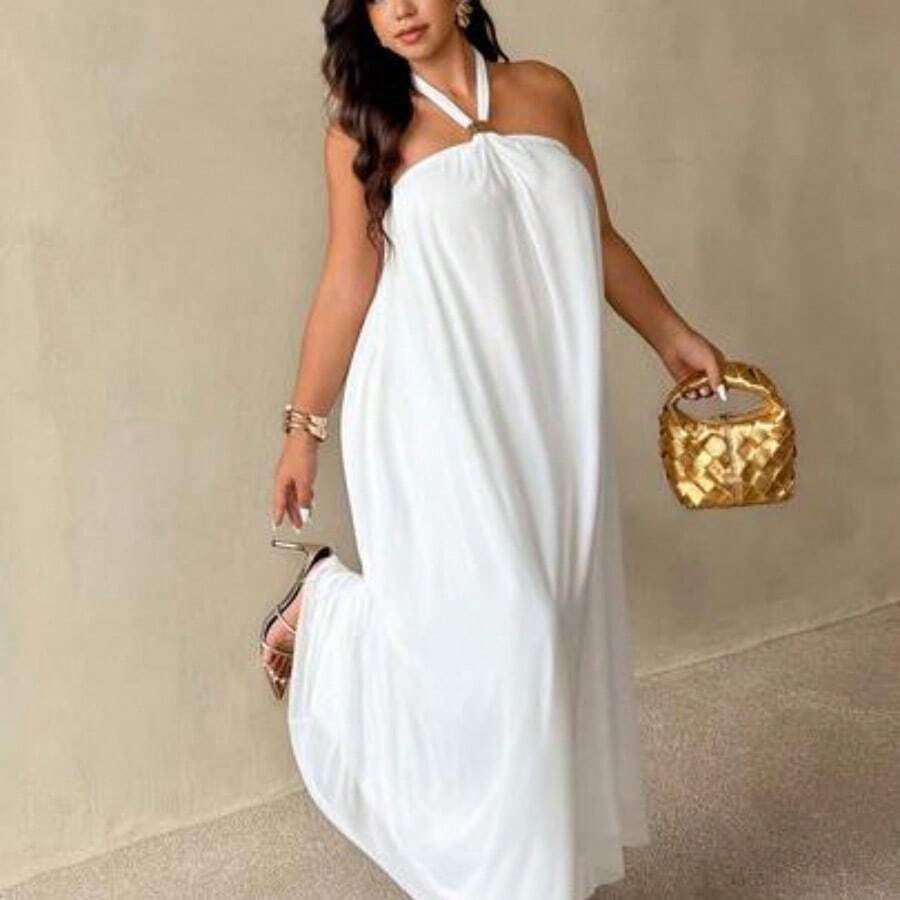 New Summer White Halter Loose A-Line Dress, Suitable For Beach, Party, Wedding, Valentine's Day, Cocktail, Sexy, Commute, Elegant Romantic, Birthday Party, Music Festival, White Dress With Metal Buckle/White Dress For Prom/Wedding Season/Valentine's Day/Party/Sexy/Commuting/Elegant And Romantic/Birthday Party/Music Festival/ - Blanco - Ver 1