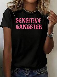 1 Piece Of Soft And Versatile Women's T-Shirt With Stylish MILANO ITALIA Letter Print - Comfortable Round Neck, Short Sleeve, Casual Top For All Seasons, Versatile T-Shirt With Script Font, Simple Design, Black Color, Summer, 180g, 100% Cotton. - 黑色 - 查看 8