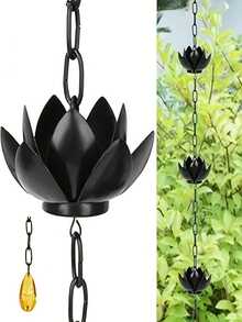 1pc Black Lotus Metal Rain Chain, Wind Chime Iron Art Decoration, For Rainwater Collection, Functional Decorative Hanging Chain, Iron Craft Decorative Ornament, Suitable For Outdoor Garden Yard Patio Decoration - Lotus - View 12