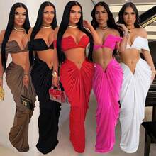 S10642 Sexy European And American Style Sleeveless Strapless Elastic Tight-Fitting Floor-Length Pleated Skirt Two-Piece Set - Đỏ - Xem 2