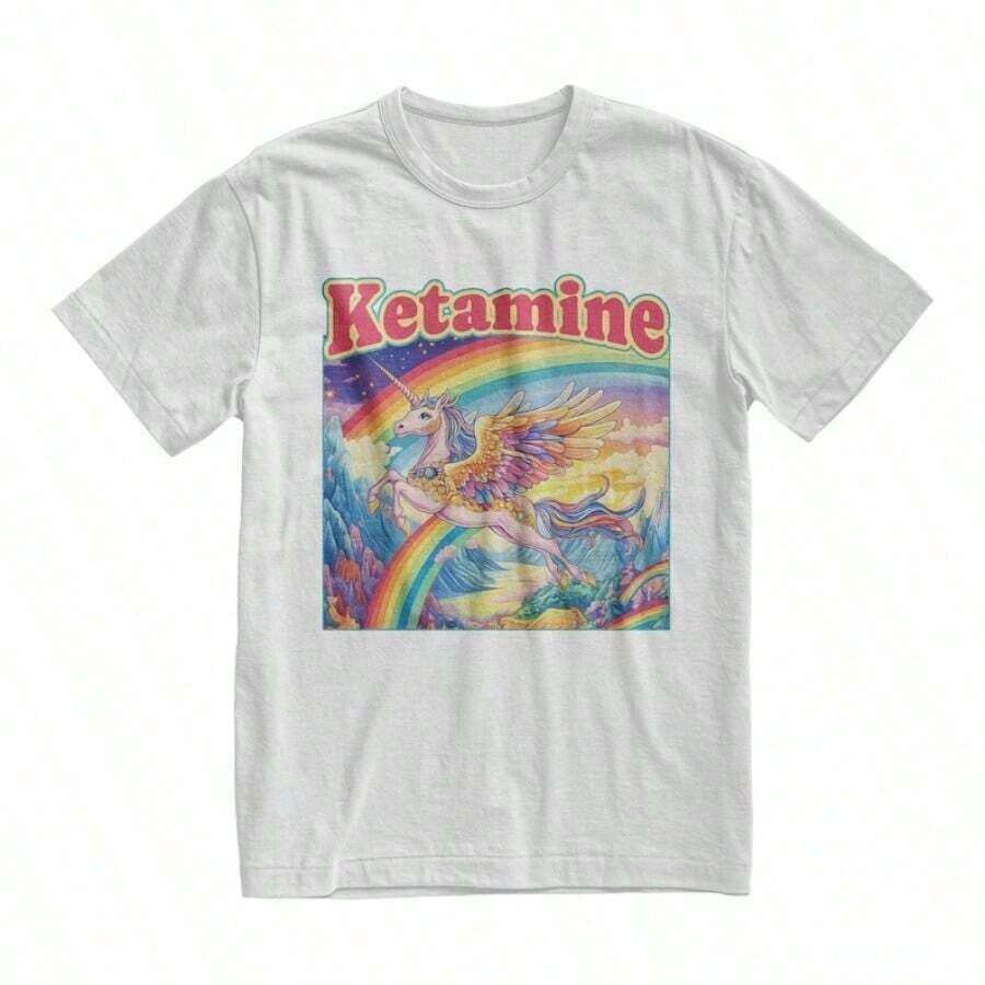 1 camiseta Ketamin Rainbow Unicorn, camiseta divertida con memes, camiseta graciosa, camiseta de gimnasio divertida, camiseta "Unhinged", regalos para novios, Brainrot, 180g, 100% algodón suave. - Blanco - Ver 1