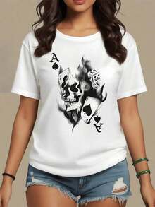 Skull Engulfed In Flames With Poker Cards And Dice Symbolizing Risk And Inner Strength. Women's T-Shirt Made Of Soft 100% Cotton Fabric, Ideal For Everyday Wear, Maija Curvy Women. - 白色 - 查看 9