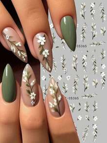 2 pièces Autocollants d'art pour ongles 3D fleurs sauvages blanches, fleurs élégantes avec feuilles, stickers adhésifs pour ongles, convient pour la décoration d'ongles de mariage et de célébration - Multicolore - Voir 2