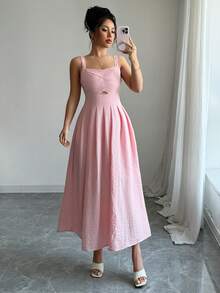 Lily House Women's Summer Pink Square Neck Cutout Pleated Mini Dress, Lightweight Elegant Casual For Beach Vacation Graduation Party - Pink - View 1