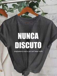 Camiseta gráfica con eslogan español de verano para mujer, uso diario casual y cómodo en color negro - Gris - Ver 2