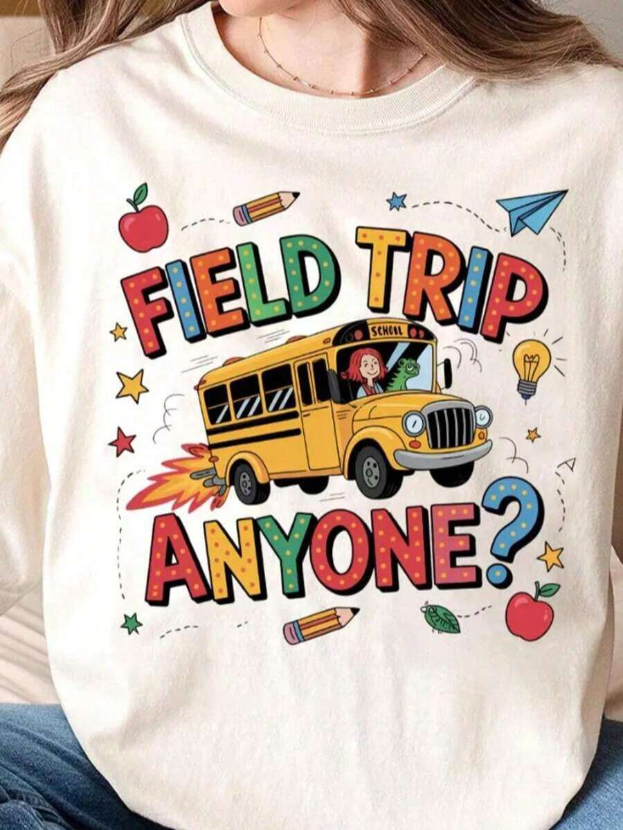 1 "Field Trip Anyone" T-Shirt, School Trip T-Shirt, "Teacher Magic School Bus" T-Shirt, Field Day T-Shirt, "Seatbelts Everyone" T-Shirt, "Frizzle" T-Shirt, Teacher T-Shirt, Oversized Graphic Tees For Women, 100% Cotton, Crew Neck, Short Sleeve, Casual Tops, 180g, 100% Cotton, All Designs Are Printed. Unisex. - 白色007 - 查看 1