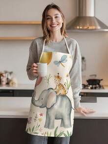 1pc, Cute Cartoon Elephant Animal Pattern Polyester Apron - Suitable For Cooking, Baking, And Gardening, And Can Also Be Used As Attire For The Kitchen And Dining. - Multicolor - View 4