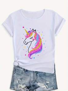 Women's Short Sleeve Cotton T-Shirt, Casual Unicorn Glitter Design T-Shirt - Loose Fit Summer Top With Rainbow And Star Comb Design, Breathable Crew Neck T-Shirt For Casual Wear, Machine Washable T-Shirt, Non-See-Through Fabric, Medium Elasticity T-Shirt. - 白色 - 查看 3