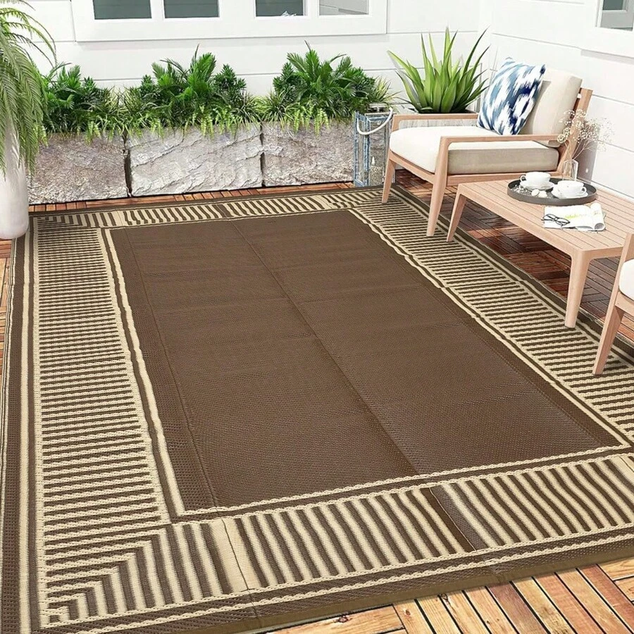 Modern Bordered Outdoor Area Rug UV Resistant Waterproof Pet Friendly Lightweight Reversible Mat For Balcony Garden Picnic RV Trip Beach Vacation Patio Backyard - Peony Brown Coffee - View 1