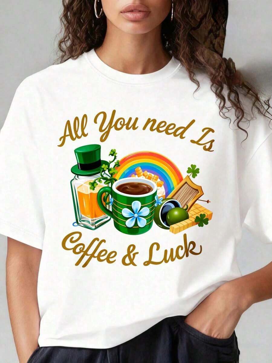 Women's Graphic Print T-Shirt, Lightweight Cotton, Summer. Short Sleeve Crew Neck T-Shirt For Women, With Fun Valentine's Day Print. All You Need Is Coffee And Luck. St. Patrick's Day T-Shirt With Rainbow And Shamrock Design For Women And Men. Suitable For Sports Activities, Festivals, Outings, And Other Holiday Gifts (220g). Oversized Women's Printed T-Shirt, 100% Pure Cotton - 白色 - 查看 1