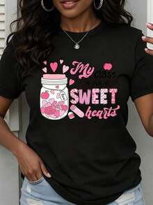 Camiseta de cuello redondo para mujer con estampado de tarro lleno de corazones y manzanas, manga corta, para maestras, regalo para el Día de San Valentín. - Negro - Ver 7