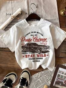 Women's Vintage Car Graphic Print T-Shirt - Short Sleeve, Crew Neck, Casual Style With Motivational Quotes, Retro Design In Black And Pink, Machine Washable, Regular Fit For Summer And Spring, Women's T-Shirts, Everyday Wear, Fun Text Design, Comfortable Fabric, Y2k T-Shirt - 黑色 - 查看 5