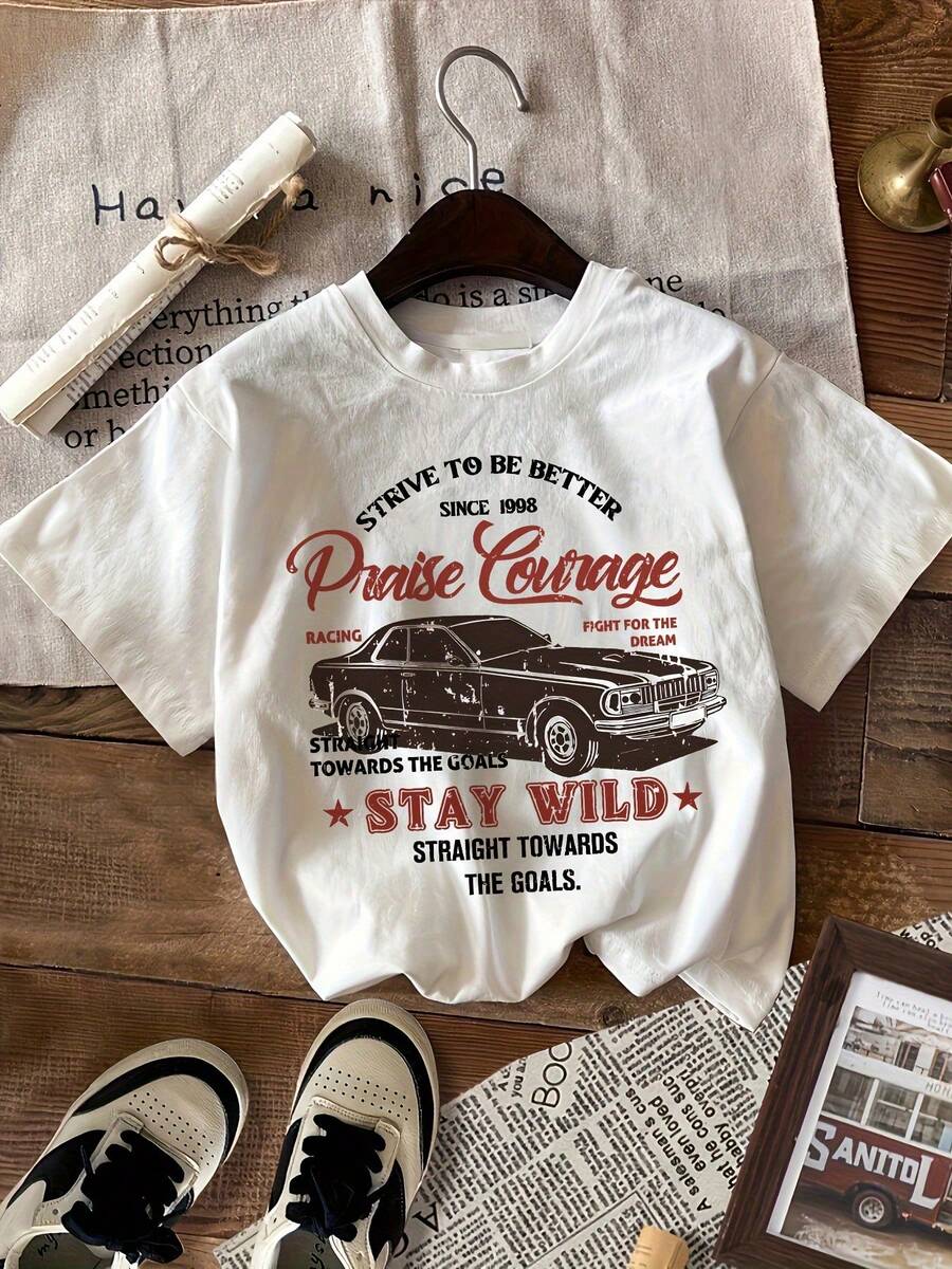 Women's Vintage Car Graphic Print T-Shirt - Short Sleeve, Crew Neck, Casual Style With Motivational Quotes, Retro Design In Black And Pink, Machine Washable, Regular Fit For Summer And Spring, Women's T-Shirts, Everyday Wear, Fun Text Design, Comfortable Fabric, Y2k T-Shirt - 白色 - 查看 1
