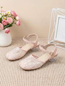 1 đôi sandal cao gót hở mũi mùa hè cho bé gái, màu hồng nhạt thời trang với khóa cài, sandal cao gót lưới đính sequin thêu bạc cho trẻ em, thích hợp cho tiệc sinh nhật, phối đồ, du lịch và dã ngoại. - Hồng - Xem 1